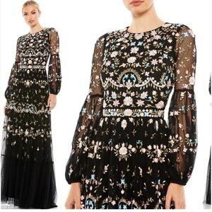 NWT Mac Duggal Embroidered Blouson Sleeve Gown Black